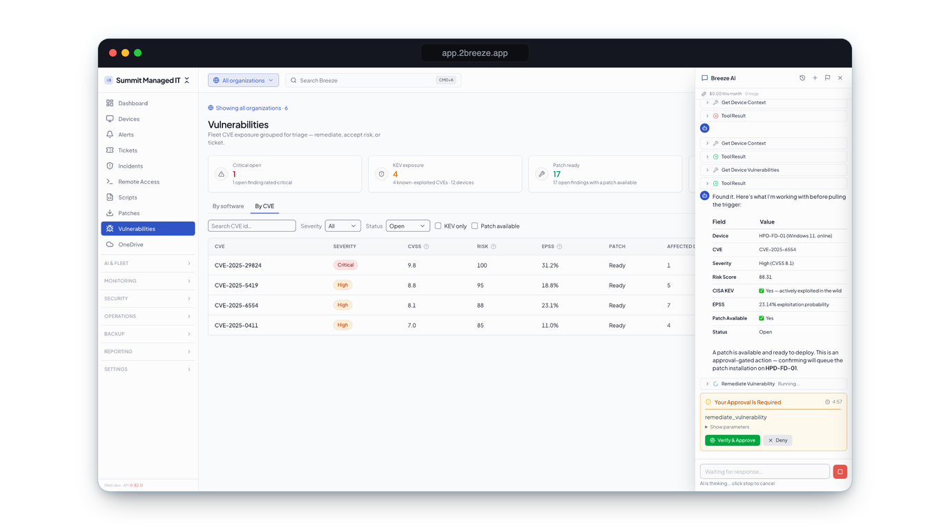 A pending-approval card in the Breeze AI panel: remediate_vulnerability queued on device HPD-FD-01, waiting on a human to Verify & Approve or Deny
