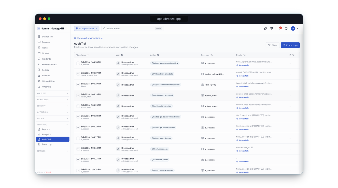The real Breeze audit trail: every AI tool call, approved action, and remediation logged with timestamp, user, action, resource, and details — nothing the operator does happens off the record
