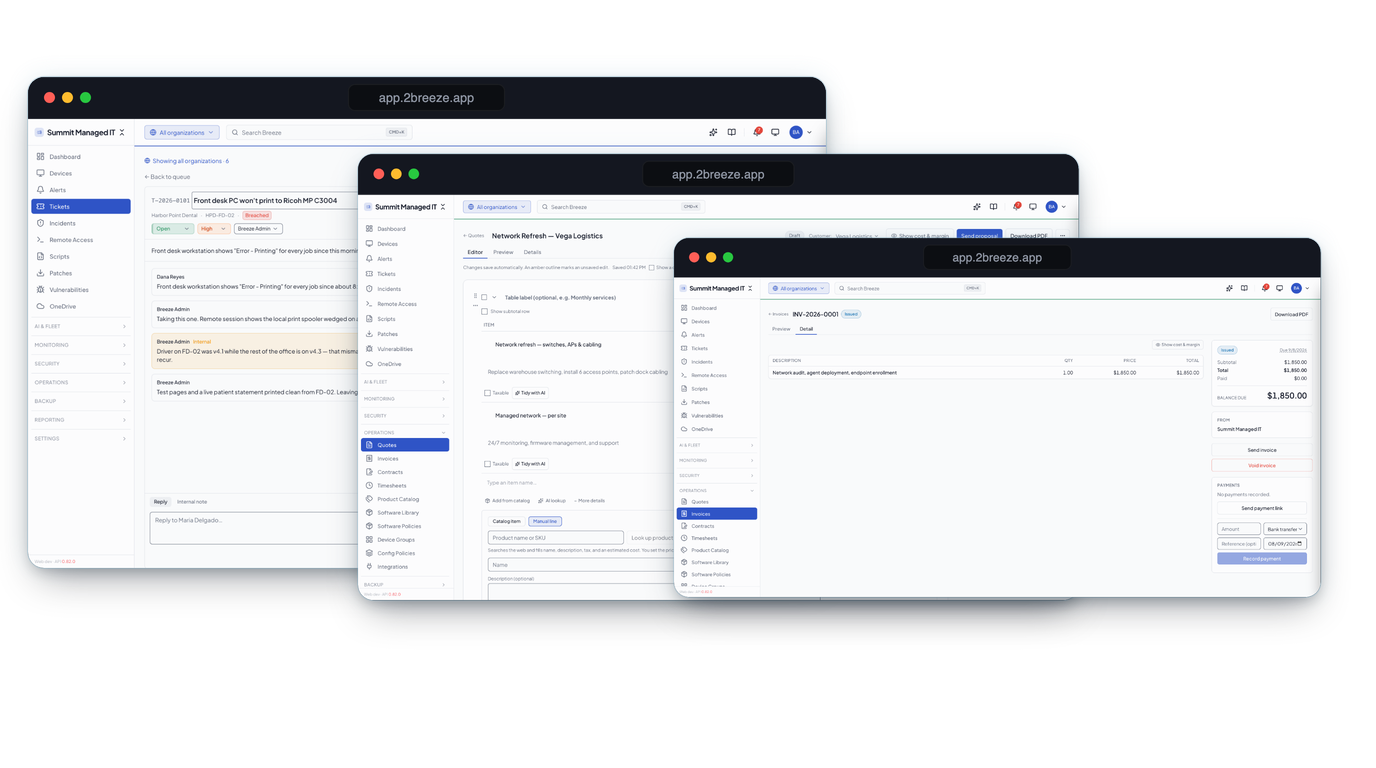 Three Breeze windows showing one job moving through the loop: an open printer ticket, a network-refresh quote for Vega Logistics, and issued invoice INV-2026-0001 for $1,850 — same platform, same record