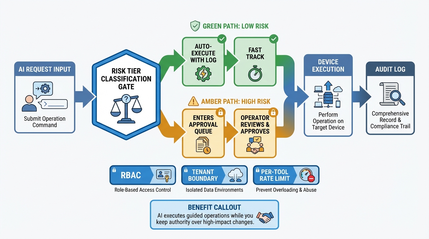 AI tool execution path for managed device actions