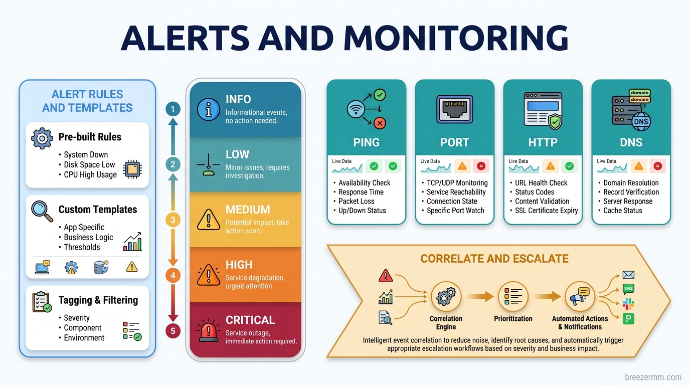 Alert rules, correlation groups, and network monitor status dashboard