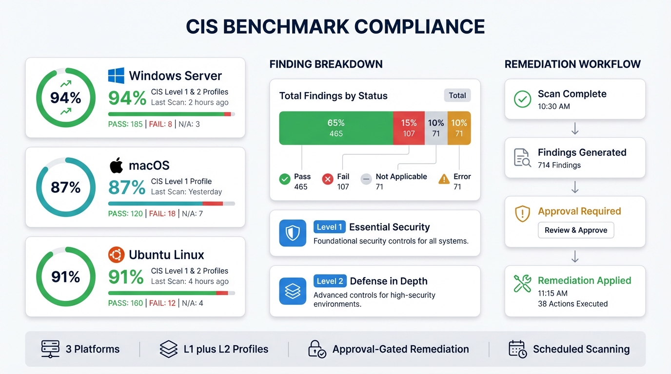 CIS compliance dashboard showing benchmark scores across Windows Server (94%), macOS (87%), and Linux (91%), with finding breakdowns and remediation workflow