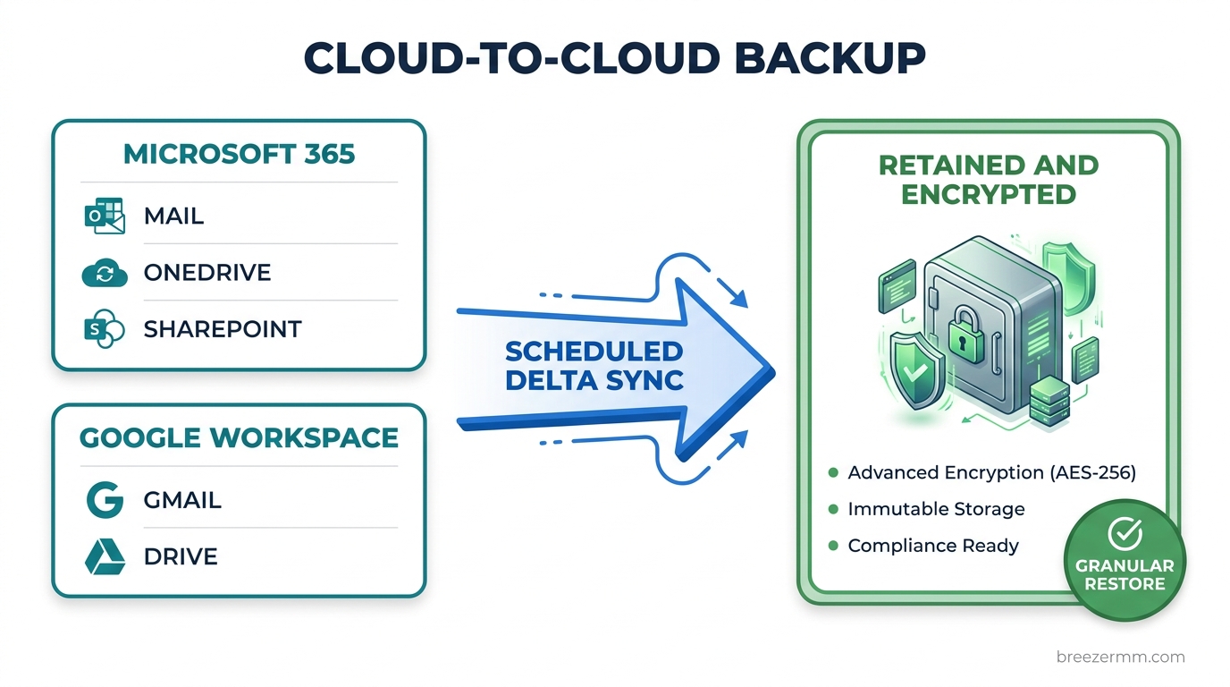 Cloud-to-cloud backup dashboard for Microsoft 365 and Google Workspace