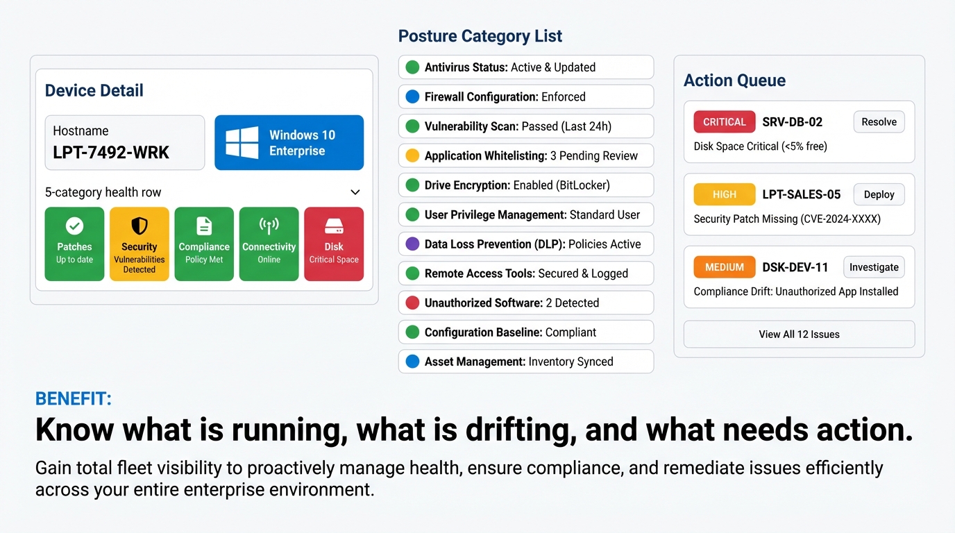 Endpoint management view with device posture and patch data