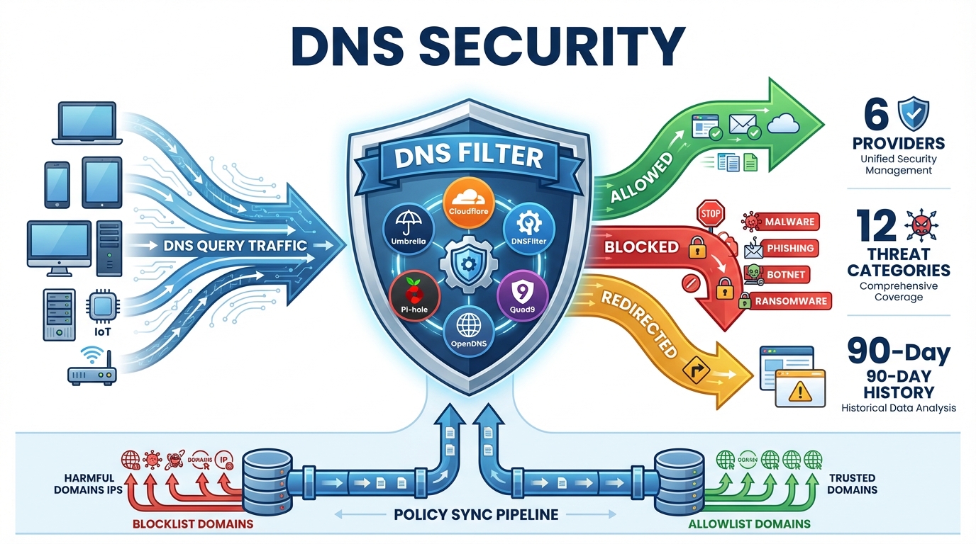 DNS security threat analytics and policy management dashboard