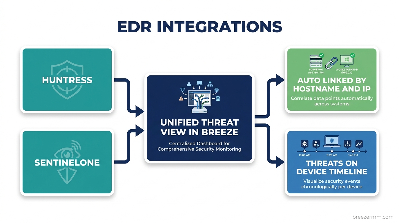 Unified EDR threat visibility dashboard with Huntress and SentinelOne agent and incident data
