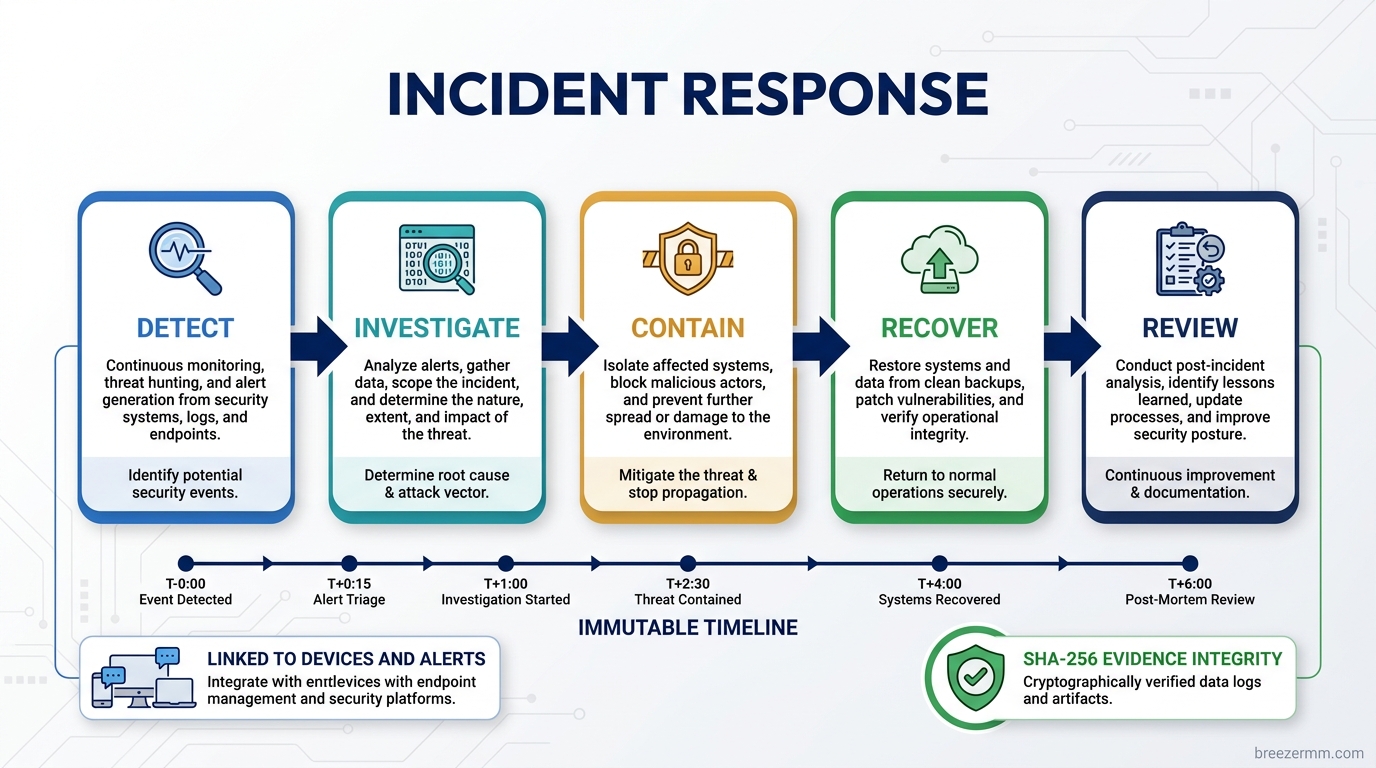 Security incident response workflow with timeline, containment actions, and evidence collection