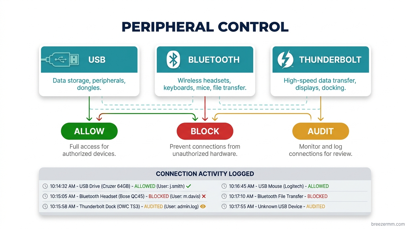 Peripheral control policy management and device activity dashboard