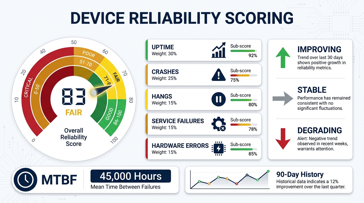 Device reliability score dashboard with trend analysis and fleet summary