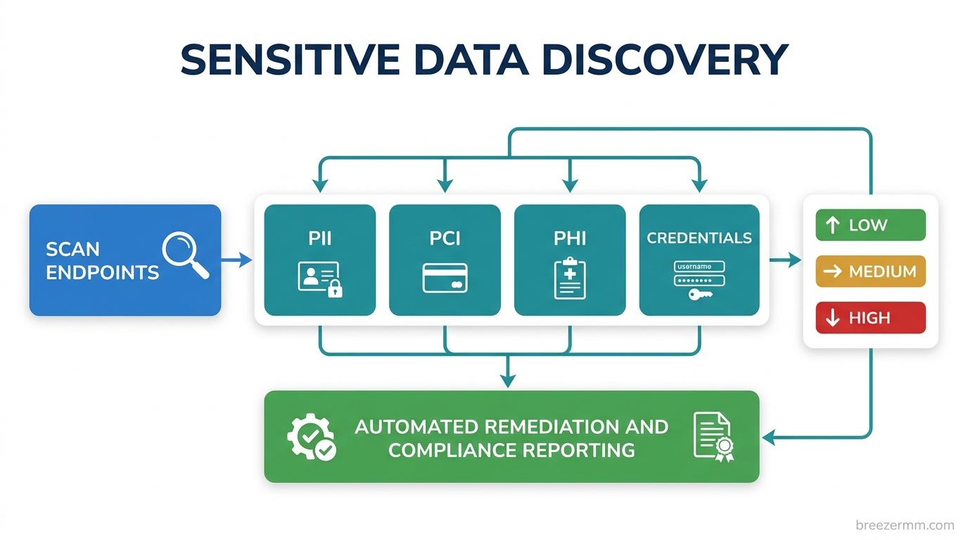 Sensitive data discovery dashboard showing findings by risk level and data type