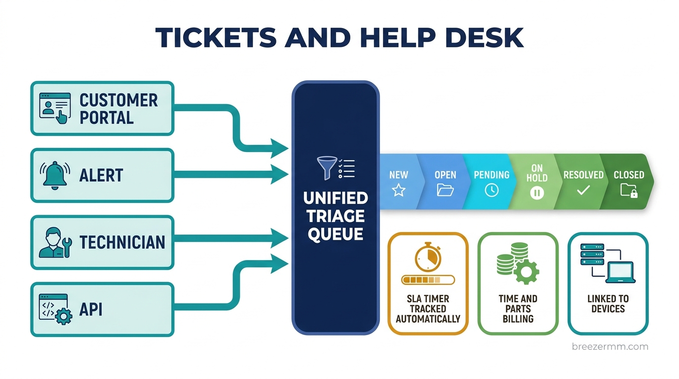 Invoice list with status treatments and a linked ticket time entry panel