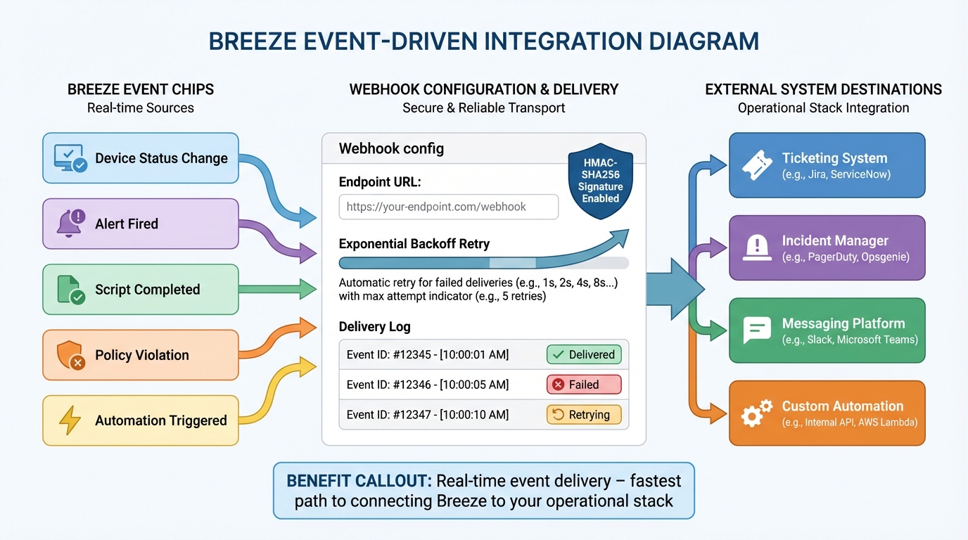 Webhook delivery flow with retries and signatures